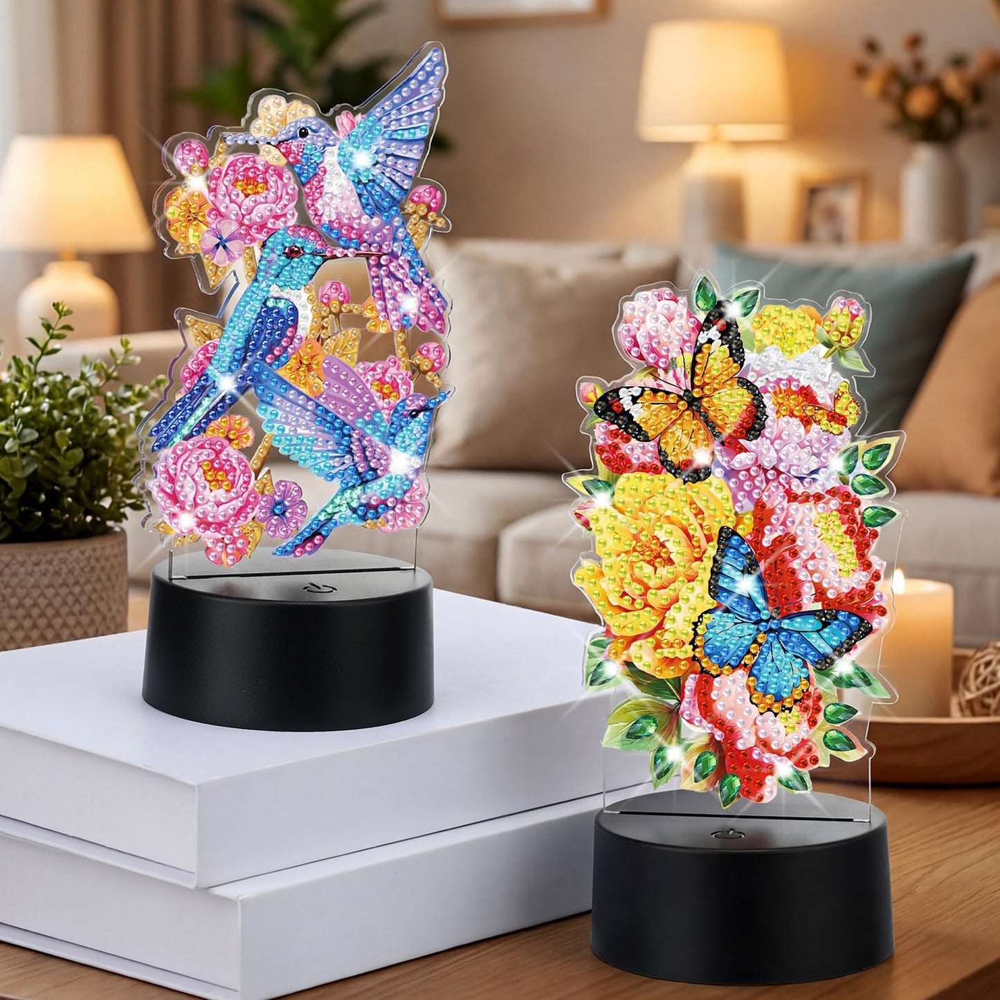 VIHOSE 2 Pcs Diamond Painting Night Light Butterfly&Birds Diamond Art Lamp DIY Light up Crafts Desktop Ornaments for Adults DIY Beginner Table Tabletop Decor Bedrooms Living Room