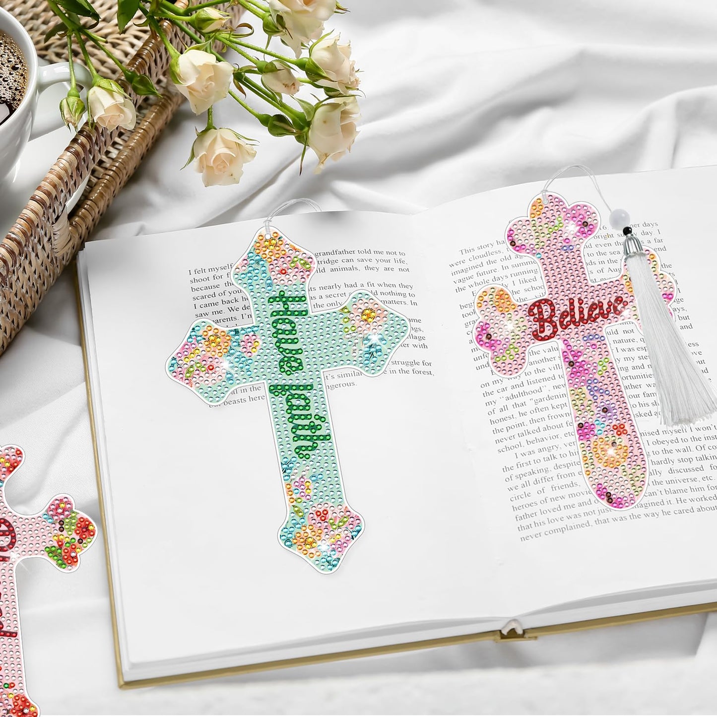 INCOK Cross Diamond Painting Bookmarks - 8PCS 5D Diamond Art Bookmark Kits with Tassel Bible Verse Rhinestone Page Marks Inspirational Christian Bookmarks for Reading Lover Book Decor DIY Crafts Gift
