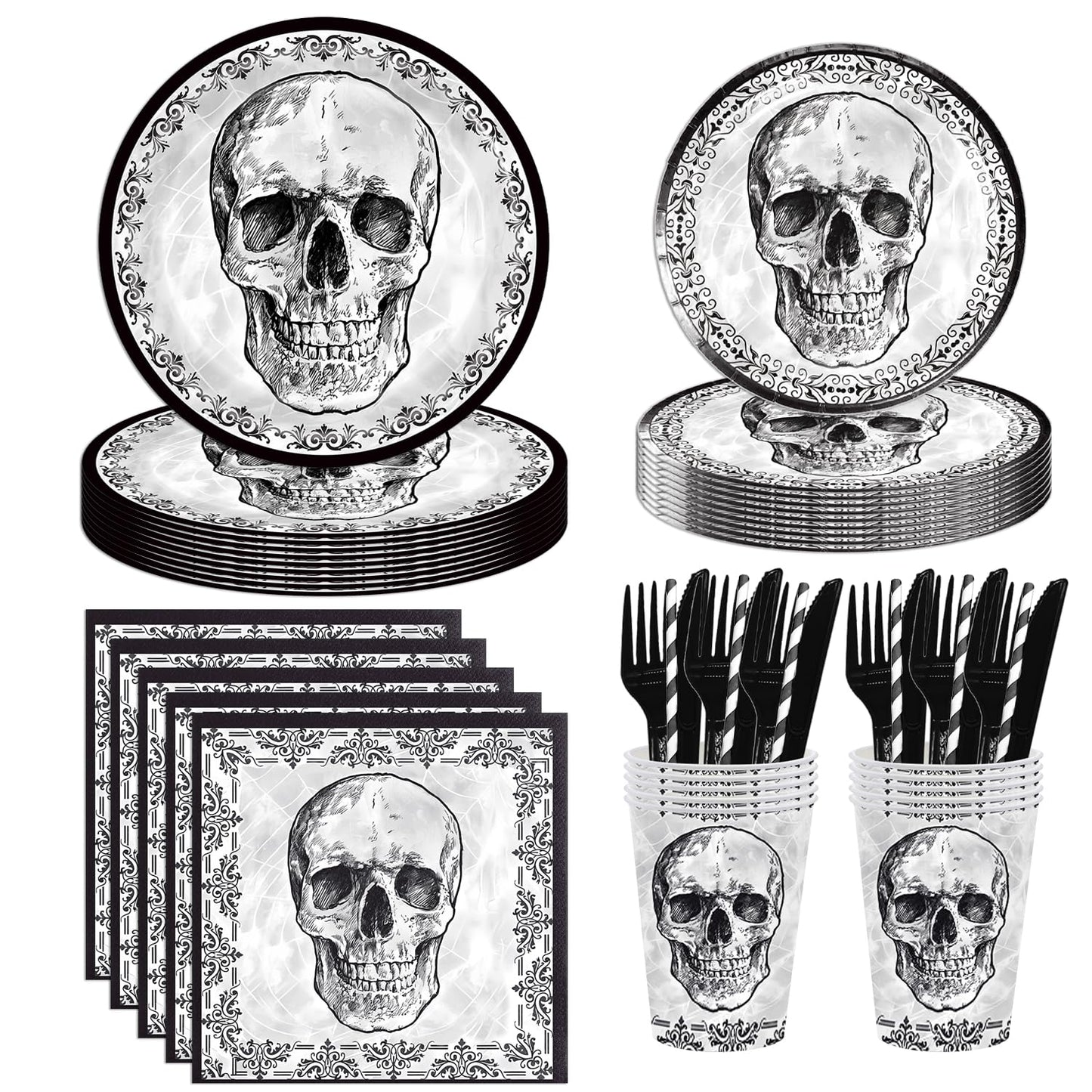 140Pcs Black Skull Birthday Party Decorations for 20 Guests - Halloween Tableware Skull Party Supplies Plates and Napkins Forks Cups Straws for Baby Shower Birthday Decorations