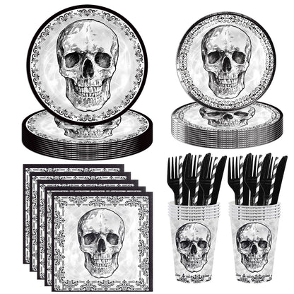 140Pcs Black Skull Birthday Party Decorations for 20 Guests - Halloween Tableware Skull Party Supplies Plates and Napkins Forks Cups Straws for Baby Shower Birthday Decorations