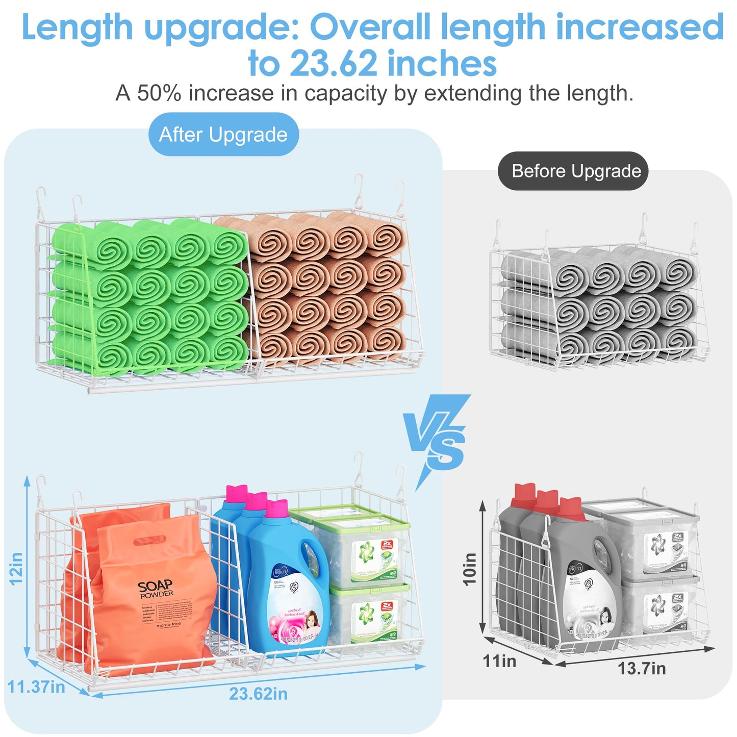23.62” Extra-Long Under-Shelf Hanging Laundry Basket Organizer, 3-Pack Space-Saving Laundry Organizer, Fits Wire Shelving (Rod Diameter < 0.38”), Modular with Dividers for Custom Laundry Organization