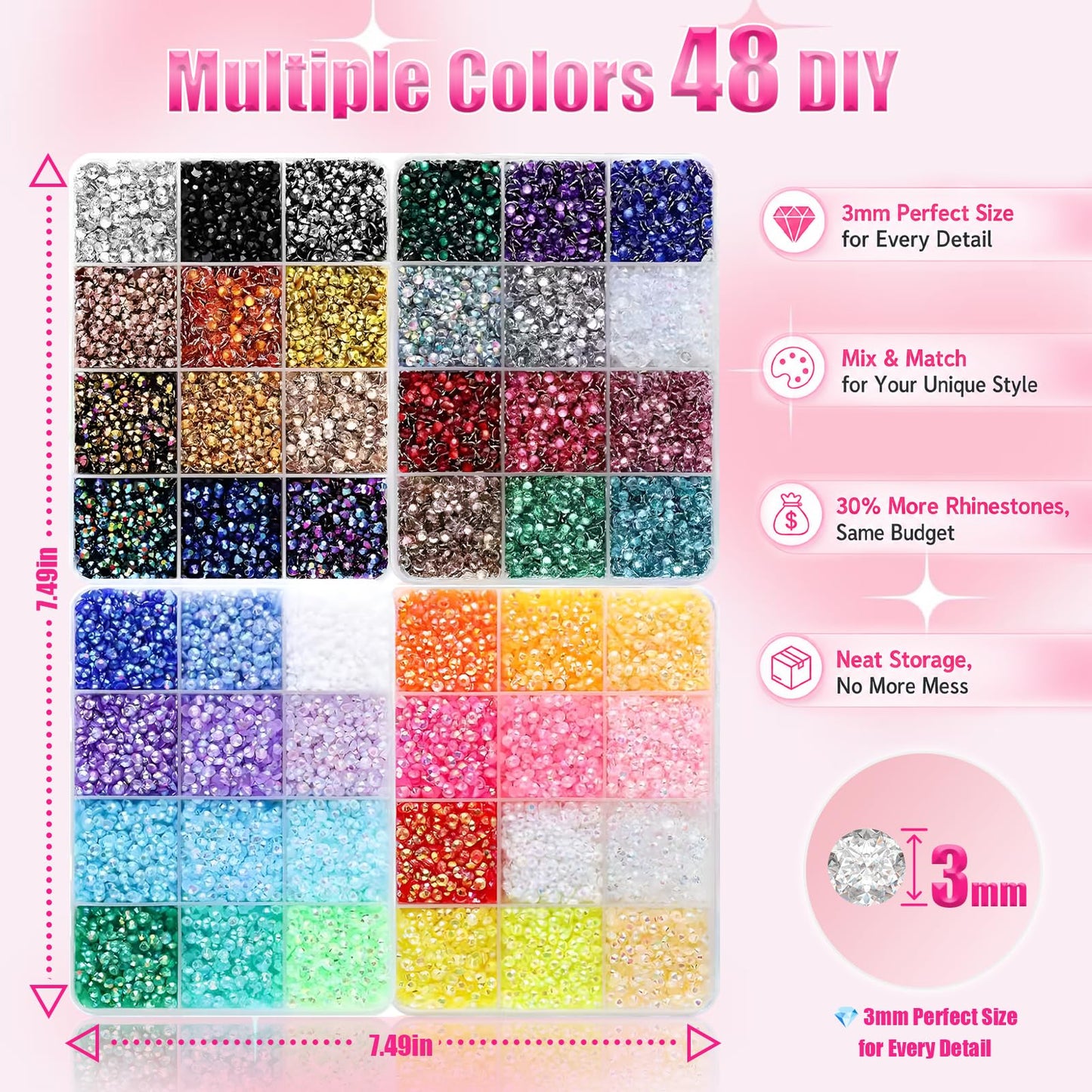 51000Pcs 48 Colors Resin Jelly Rhinestones for Bedazzling and Tools 3mm Flatback Gems for Diamond Art Bedazzler Kit with 3Pcs 10ML Glue for Clothing Crafting Book Nail Art