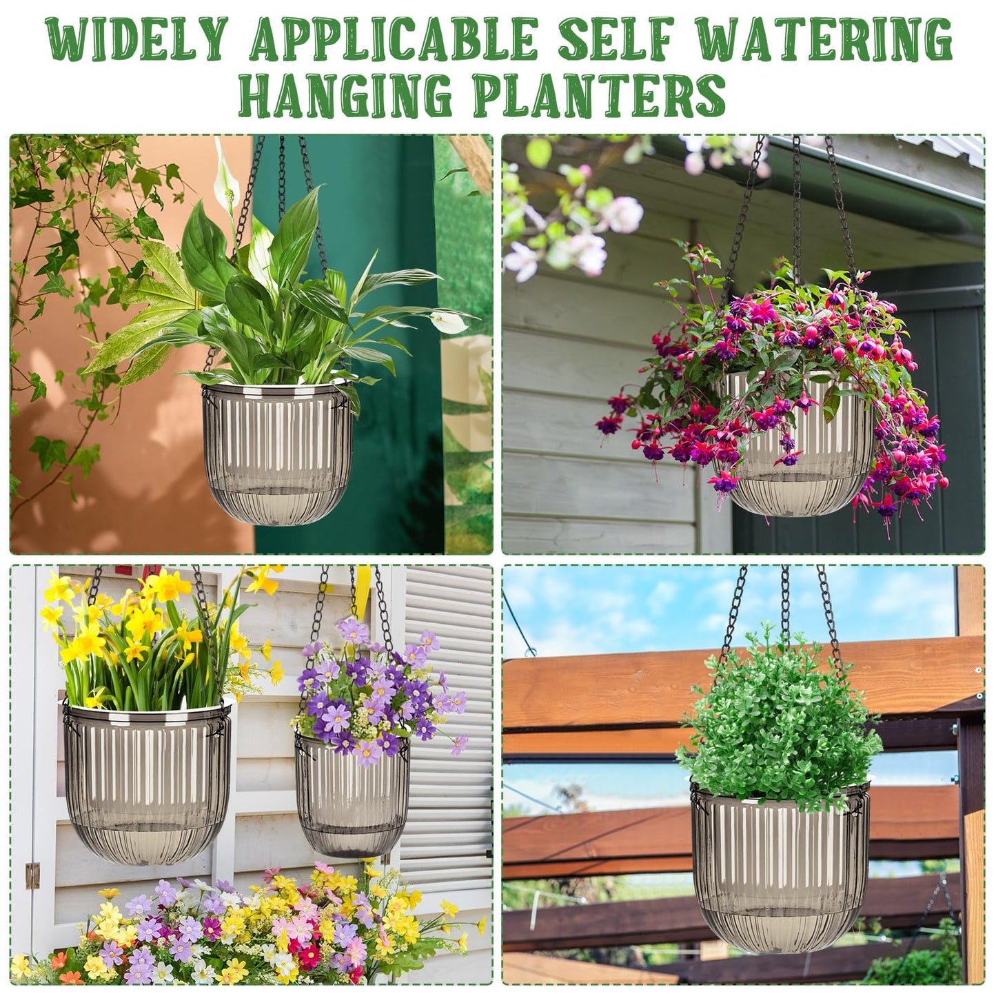 Maxcheck 4 Pcs Self Watering Hanging Planters Indoor Gift 6.5'' 4.5'' Hanging Flower Pots Baskets Outdoor Self Watering Plant with 3hooks Drainage Holes for Home(Gray)