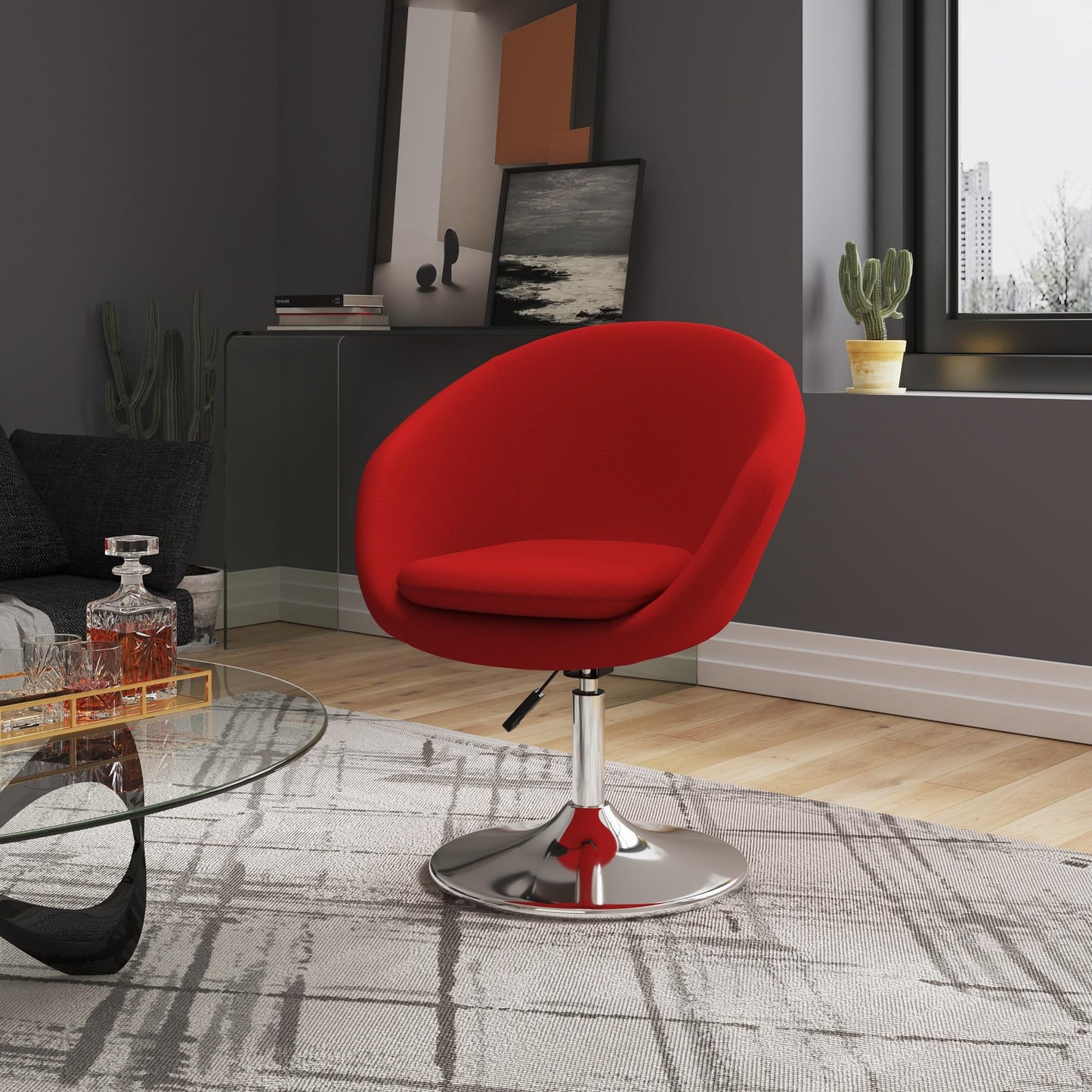 Manhattan Comfort Hopper Adjustable Swivel Accent Chair Set of 2 with 360° Turn, Upholstered Seat, Polished Chrome Base, Modern Bowl Design for Home Office and Living Room, Red Wool Blend