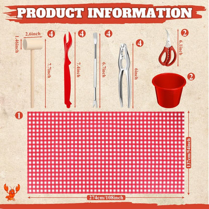 SmoothNovelty 21 Pcs Seafood Tools Set Seafood Boil Party Supplies, Tablecloth Crab Crackers Scissors Lobster Sheller Hammer Shellfish Fork Cracker Plastic Bucket for Lobster Crawfish Food Party