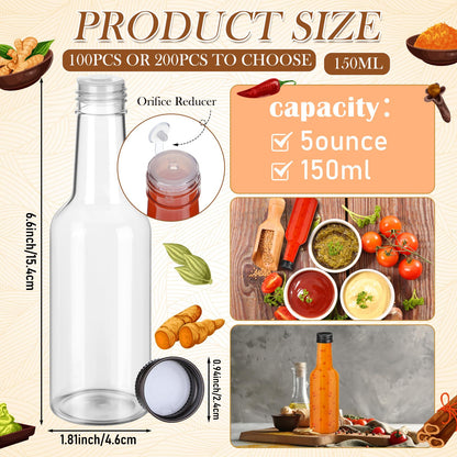 Zubebe 100 Pcs Hot Sauce Bottles Small Plastic Clear Woozy Bottles Empty with Leak Proof Black Screw Cap Mini Wine Liquor jars for Kitchen Sauce Salad Dressing Syrup Juice Whiskey (5 oz)