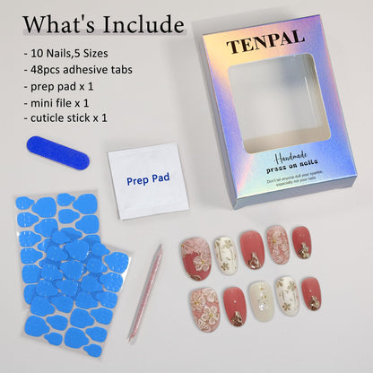 TENPAL Short Oval Press on Nails,Peach Yogurt Base Glue on Nails,Hand-Painted Cloisonné Florals False Nails Press ons,Artisan Chinese Style Fake Nails Kit,Enamel Wire Inlay Nail Art Tools 10pcs(L)