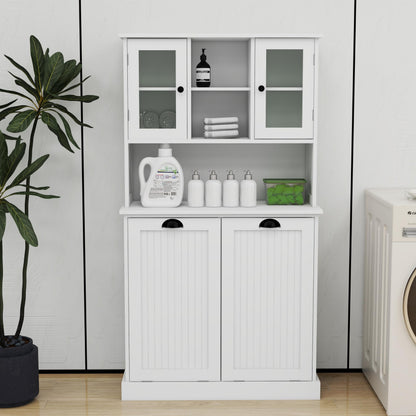 Knocbel Tilt-Out Laundry Sorter with 2 Removable Bags and Adjustable Shelves, Tall Bathroom Floor Cabinet Laundry Hamper (White 59")