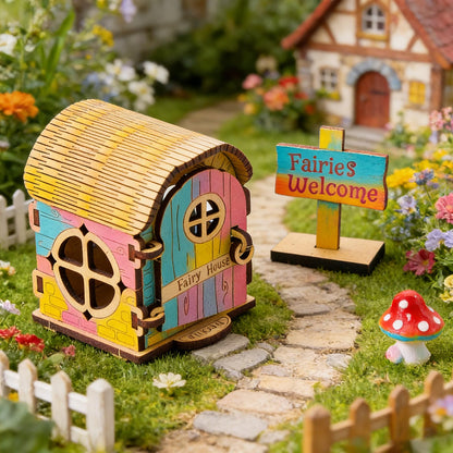 Mamimami Home Tiny Fairy House with Doorplate, DIY Mini Wooden Garden Plant Treehouse, Magical Fairy Doors Handmade Christmas Decorations Gifts