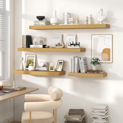 Heimlove 16-Inch Floating Shelves - Wall-Mounted Oak Wood Shelves for Bathroom, Bedroom & Office | Set of 2