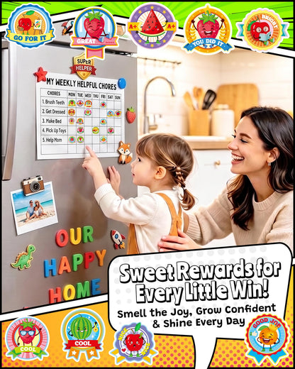 HORIECHALY Reward Smelly Roll Stickers for Kids 4 Rolls, 1200 PCS 4 Scent Scratch and Sniff Stickers Food Theme, Positive Reward for Classroom, Portable Drawer Box for Travel, Car, Airplane