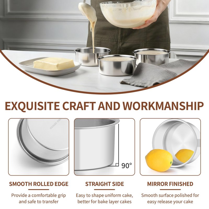 TeamFar 5 Inch Cake Pan Set of 4, Stainless Steel Small Layer Cake Baking Pans Tins, Round Bakeware for Birthday Wedding Party, Non-Toxic & Healthy, Mirror Finish & Dishwasher Safe