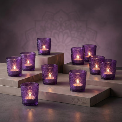 12 Pack Mandala Embossed Glass Candle Holders – Votive Tealight Holders with Patent Design, Decorative Embossed Glass Cups for Wedding Centerpieces, Parties, and Home Décor (Amethyst Bloom)