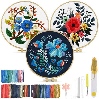 TINDTOP 3 Sets Embroidery Kit for Adults, Floral Embroidery Practice Kit for Beginners Include Embroidery Cloth Hoops Threads for Craft Lover Hand Stitch with Embroidery Skill Techniques