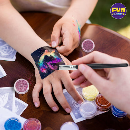 Tattoo Kit for Kids Ages 8-12, FunKidz 6 Double Tips Sparkle Brush Body Art Markers for Skin Plus Temporary Glitter Tattoo Kits With 106 Cute Tattoo Stencils Tattoo Glues Cool Presents for Tween Girls