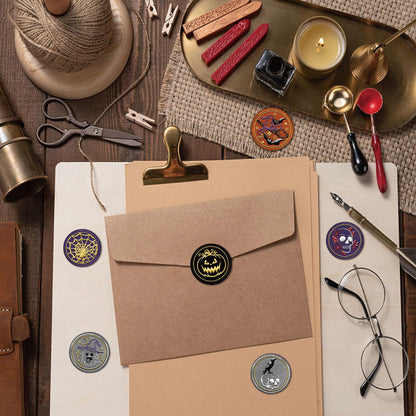CRASPIRE Halloween Wax Seal Stamp Set 6Pcs Brass Sealing Stamp Heads Wood Handle Removable Kit Crow Witch Skull Spider Web Pumpkin Bat Skeleton Ghost for Party Envelope Invitation DIY Craft Gift Wrap