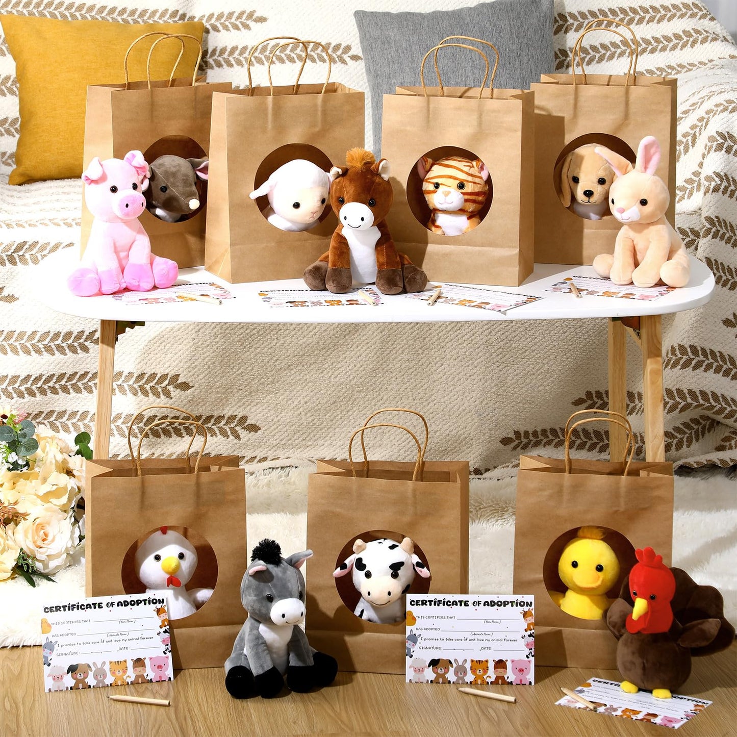 Blueweenly 48 Pcs Adopt a Farm Animal Party Favor Kit for Kids, 12 Plush Farm Animal with Adoption Certificates, Gift Bags & Pens, Birthday Party Favor, Classroom Reward, Church VBS Sunday School
