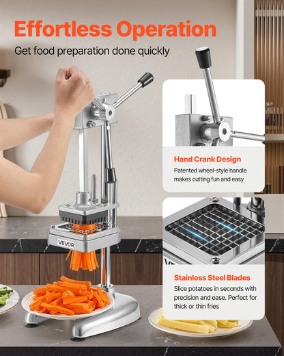 VEVOR Commercial French Fry Cutter, Stainless Steel Vegetable Fruit Chopper with 3 Replacement Blades 1/2-Inch 3/8-Inch 1/4-Inch, Manual Potato Slicer Dicer for Restaurants & Home Kitchen