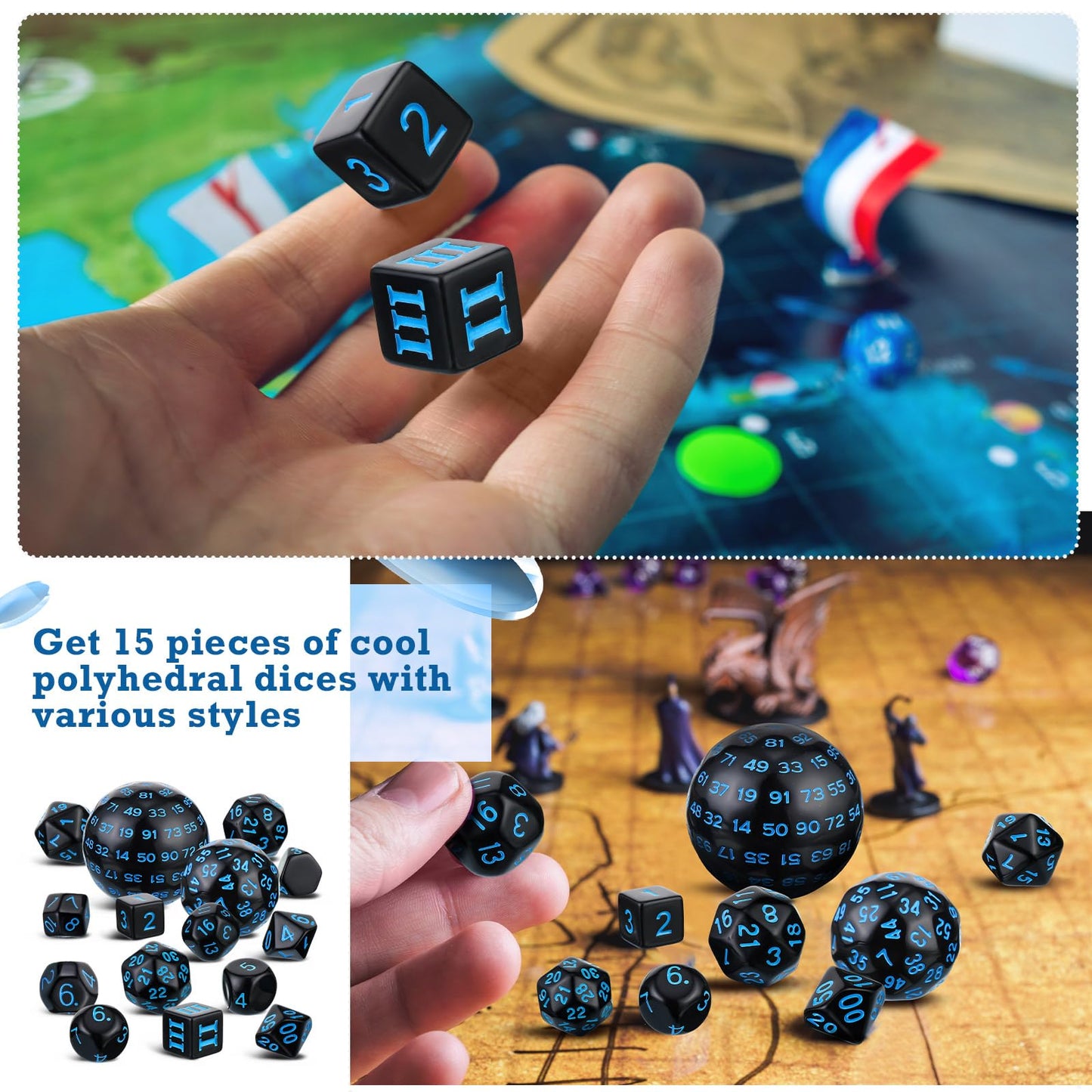 Civaner 15 Pcs Complete Polyhedral Dice Set D3-D100 Spherical RPG Dice Set in Opaque Black, 100 Sides for Role Playing Table Games Party Supplies(Black and Blue)