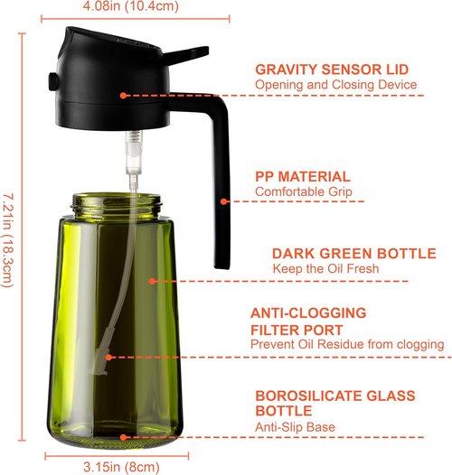 CXINYI - 16oz Olive Oil Dispenser with Stickers | 2-in-1 Sprayer for Cooking & Salad - Black
