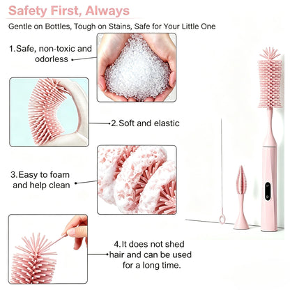 Rechargeable Electric Bottle Brush with 2 Speeds Powerful Automatic Bottle Cleaner,BPA-Free Silicone Spinning Design, Wall Mount & Straw Cleaner,Suitable for Baby Bottles & Kitchen (Pink+Pink)