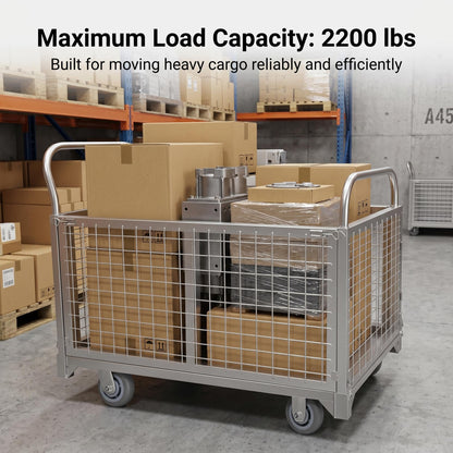 Heavy-Duty Foldable carts with cage, 39.4 x 23.6 inches Rolling cart, Capacity 2200LBS, Utility Heavy-Duty cart with Basket, for Warehouse Luggage handling, Silver