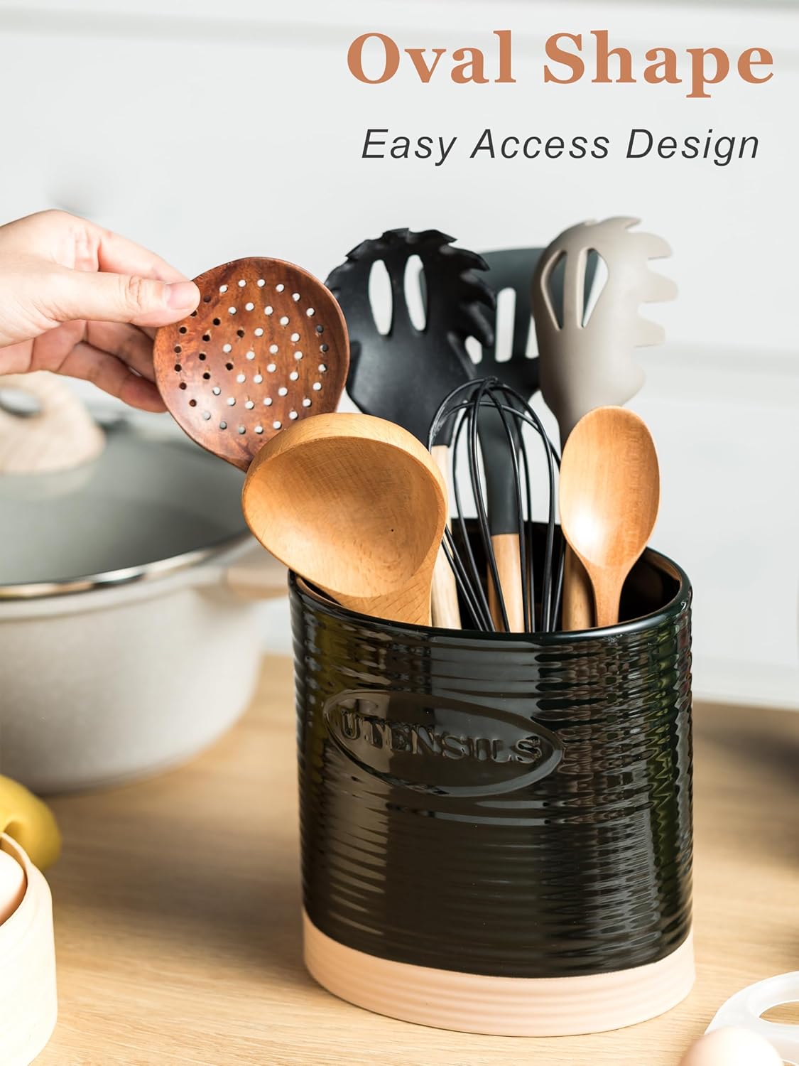 YHOSSEUN Black Ceramic Utensil Holder, 6.7" Kitchen Counter Caddy for Tools, Oval Shape Utensil Storage