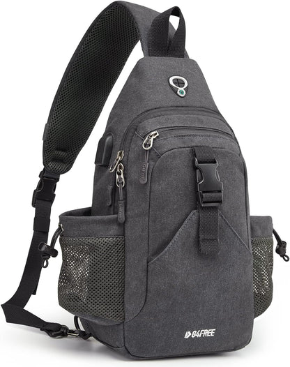 G4Free Canvas Sling Bag Crossbody Backpack with USB Charging Port & RFID Blocking, Hiking Daypack Chest Bag for Women Men