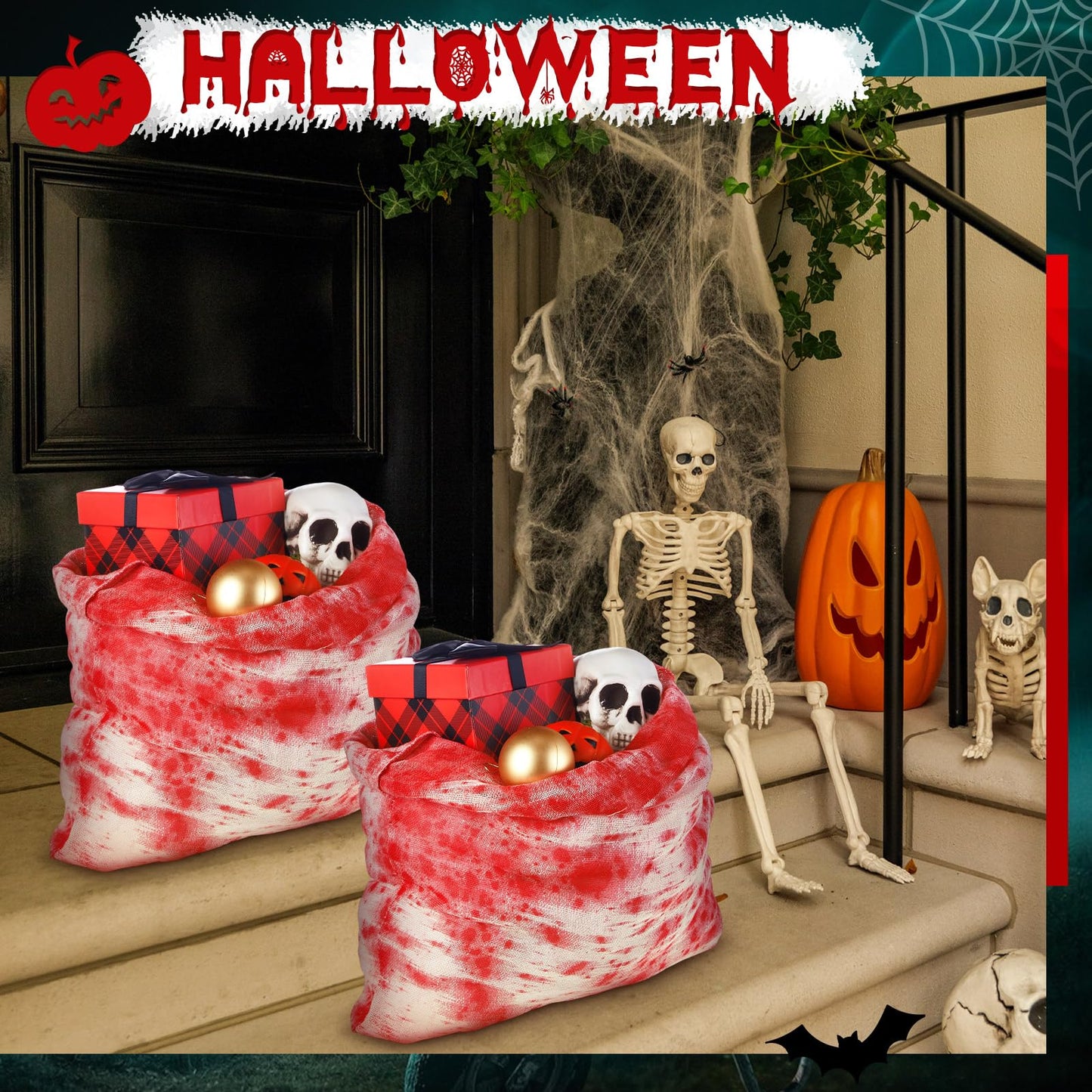 Arrowbash 4 Pcs Halloween Horror Treat Goodie Bags Bloodstain Spooky String Back Halloween Drawstring Bloody Body Bags for Candy Favors Supplies (20 x 16 in)