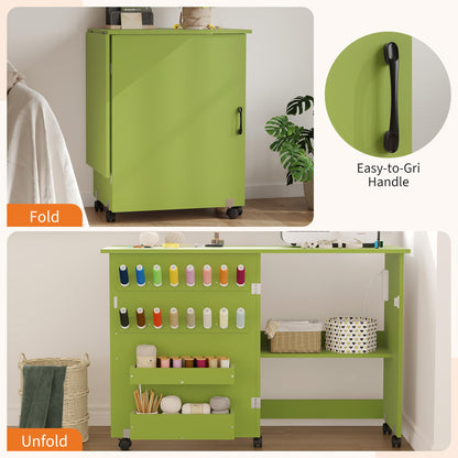 Folding Sewing Machine Table with Charging Station, Rolling Craft Table with Lockable Wheels, Storage Trays & Shelf, Pegs, Magnetic Locks, Foldable Sewing Machine Cabinet Desk for Small Spaces, Green