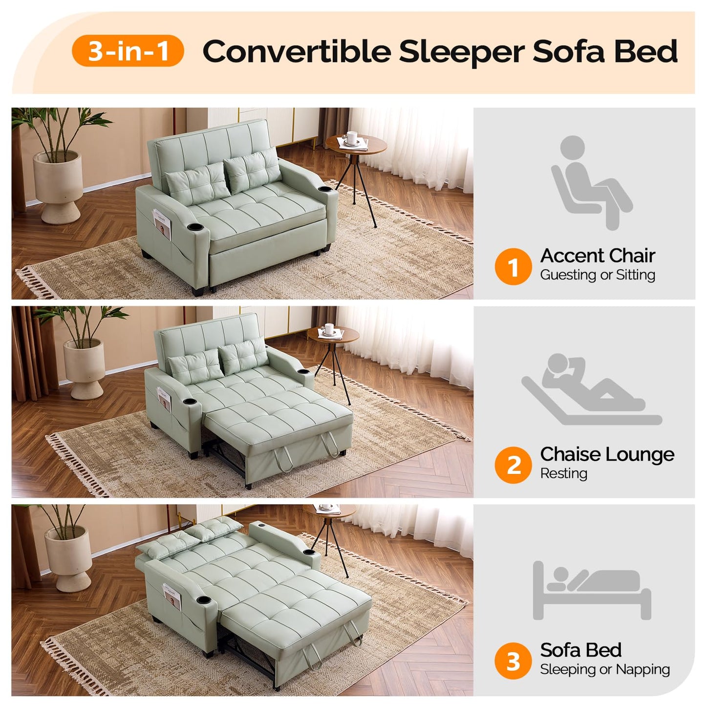 VINGLI Green Futon Sofa Bed Convertible Loveseat Sleeper Couch, Faux Leather Pullout Sofa Fold Out Couch Bed with USB Ports, Cup Holders, Armrest for Living Room, Bedroom Apartment Room