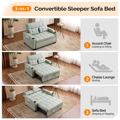 VINGLI Green Futon Sofa Bed Convertible Loveseat Sleeper Couch, Faux Leather Pullout Sofa Fold Out Couch Bed with USB Ports, Cup Holders, Armrest for Living Room, Bedroom Apartment Room