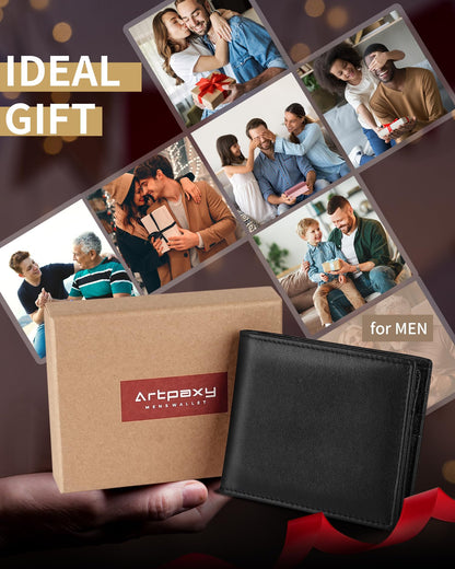 Artpaxy Mens Wallet Genuine Leather Bifold RFID Blocking Wallet for Men with 1 ID Window 13 Card Holders 2 cash pockets 1 Gift Box