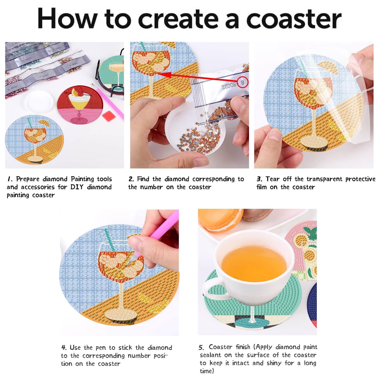 CAMOYAI 8 pcs Diamond Art Coasters Kits with Holder, DIY 5D Retro Cocktail Diamond Painting Coasters,Diamond Art Kits for Adults Beginners