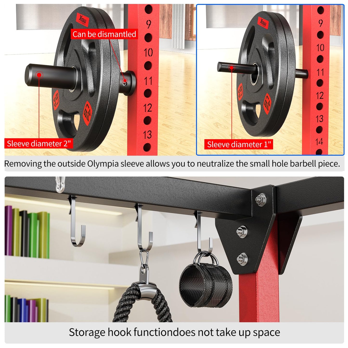 Power Rack Power Cage Multi-Function Squat Rack with Cable Crossover System Selectable More Training Attachment Power Rack for Garage & Home Gym (Red, C Set L01+Weight Bench+（Pole+Cast Iron） 248LBS)