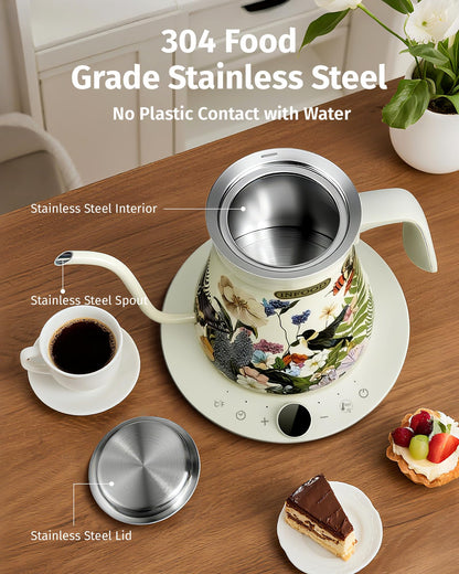 INFOOD 0.8L Gooseneck Electric Kettle, Precise Temperature Control for Pour Over Coffee & Tea, 1200W Fast Boiling Water, Auto Shut Off, Scheduling, Stainless Steel, Floral Painted Design