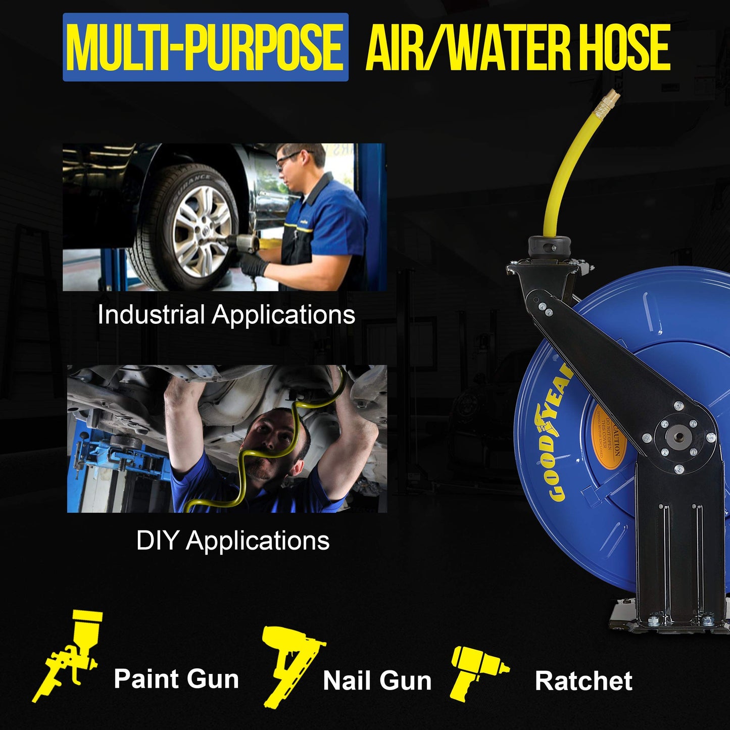 GOODYEAR Air Hose Reel Retractable 3/8" Inch x 50' Feet Long Premium Commercial SBR Hose Max 300 Psi Reinforced Steel Construction Heavy Duty Spring Driven Industrial Dual Arm & Pedestal