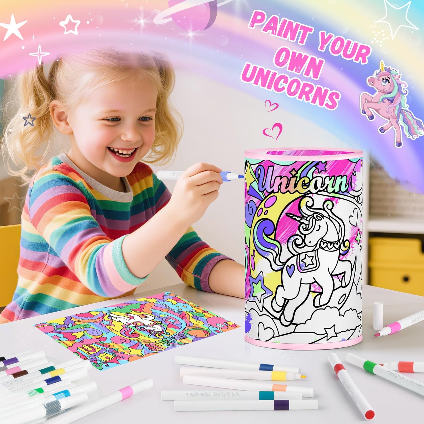 Unicorn Lamp for Kids, Birthday Gifts for Girls Ages 6 7 8 9 10 11 12 Year Old, Bedside Table Lamp for Bedroom, 3 Way Small Lamps for Nightstand, Paint You Own Unicorn Lamp Kit Toys, Art Supplies Toy