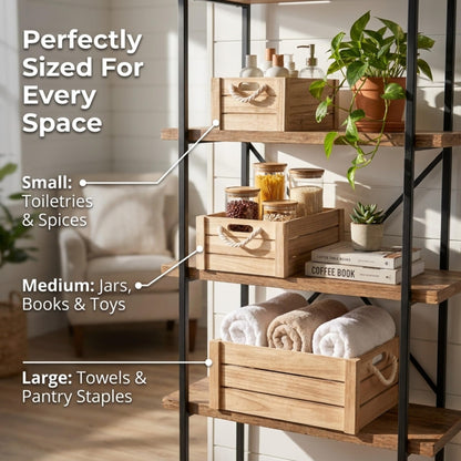 Set of 3 Rustic Nested Wooden Crates with Rope Handles - Decorative Farmhouse Storage Boxes for Kitchen, Living Room & Bathroom - Modern Wood Grain Home Organization