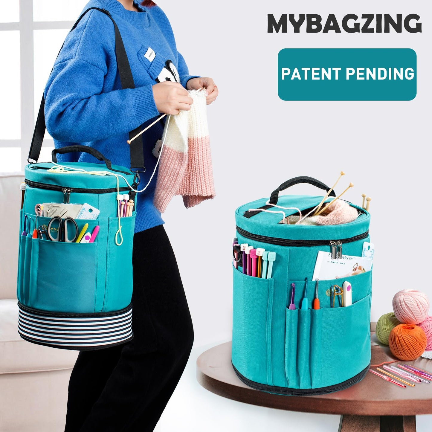 MYBAGZING Expandable Yarn Storage Organizer, Crochet Bag & Yarn Tote with Zipper Closure, Yarn Holder for Crocheting and Knitting for Yarn Skeins, Hooks, Needles,Accessories – Gift for Crafters