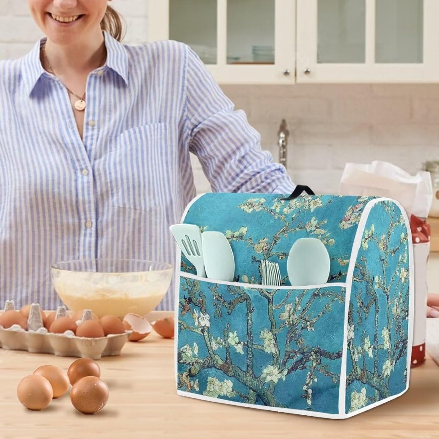 Almond Blossoms Tree Oil Painting Mixer Cover, Dustproof Washable Protection with Handle Pockets for Kitchen Appliance,
