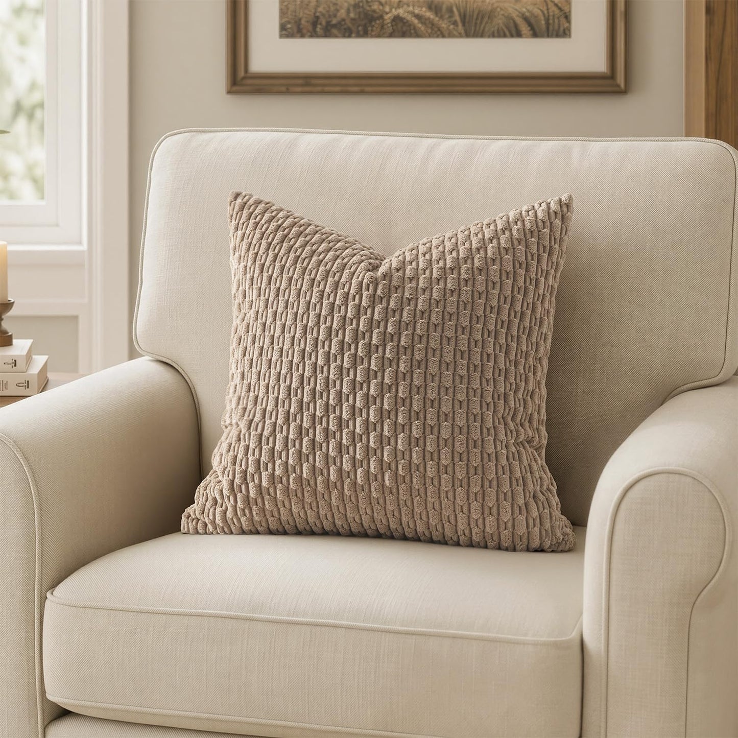 MIULEE Pack of 2 Decorative Throw Pillow Covers 18x18 Inch Soft Boho Striped Textured Corduroy Pillow Covers Modern Farmhouse Home Decor for Couch Bed Sofa Living Room Neutral Light Brown