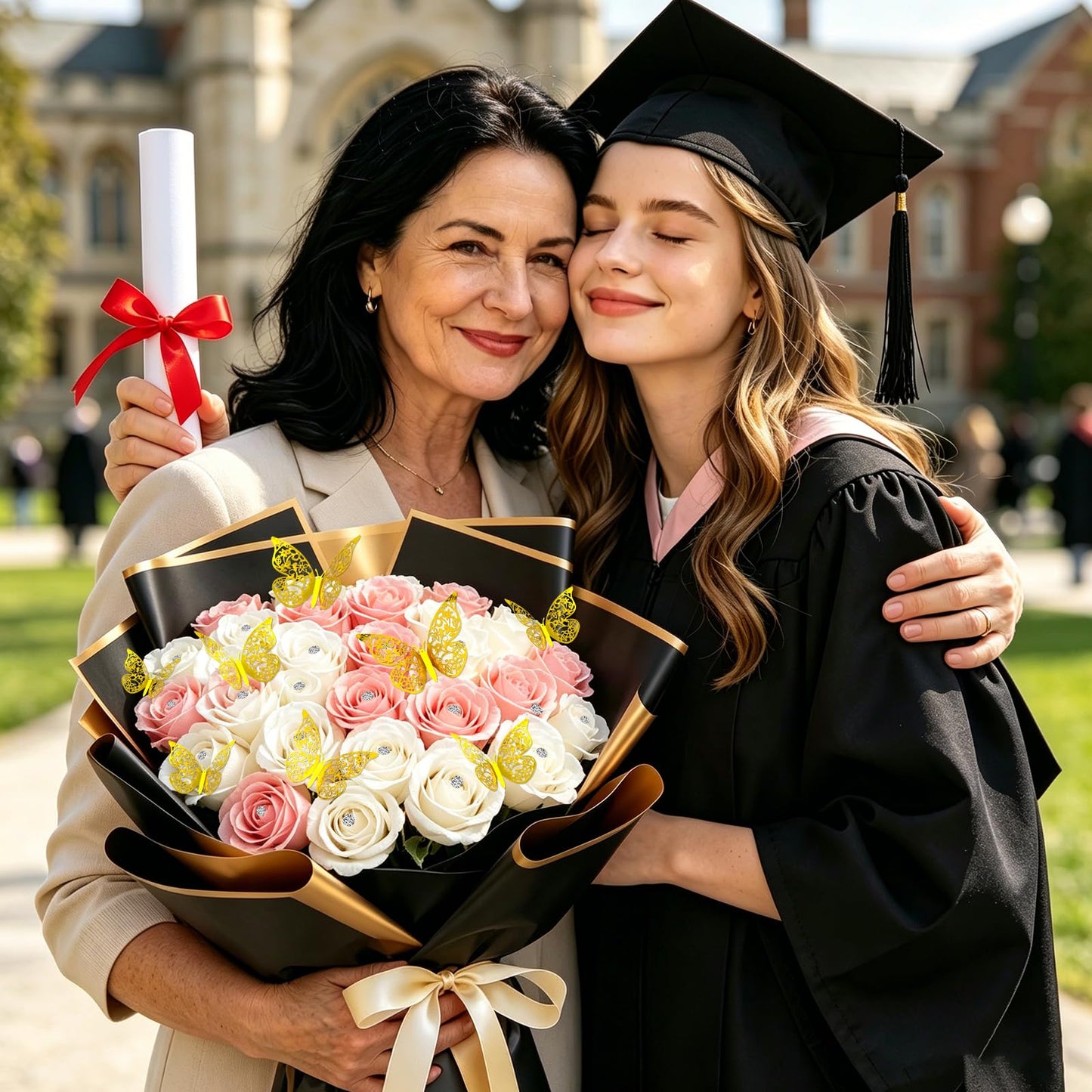 JarThenaAMCS 2026 Graduation Glitter Rose Bouquet 24Pcs White Pink Rose Artificial Flowers with Stems DIY Toppers 3D Gold Butterfly Rhinestone Pins Ribbon for Congrats Grad Mother's Day Birthday