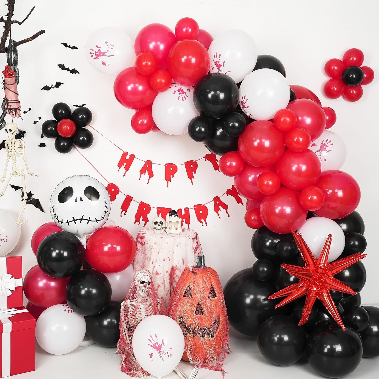 Halloween Balloon Arch Kit Bloody Balloons Garland Black and Red Balloon with Skull Face Explosion Star Foil Balloon for Nightmare Horror Theme Birthday Spooky Vampire Skeleton Cat Party Decorations