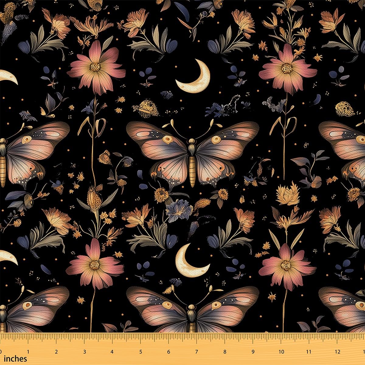 Boho Moon Moth Fabric by The Yard Butterfly Starry No Stretch Sewing Fabric Flower Weed Botanical DIY Soft Flannel Polyester Fabrics for and Home Accents Crafting Supplies Fabrics 2 Yard Bolt 72"x59"
