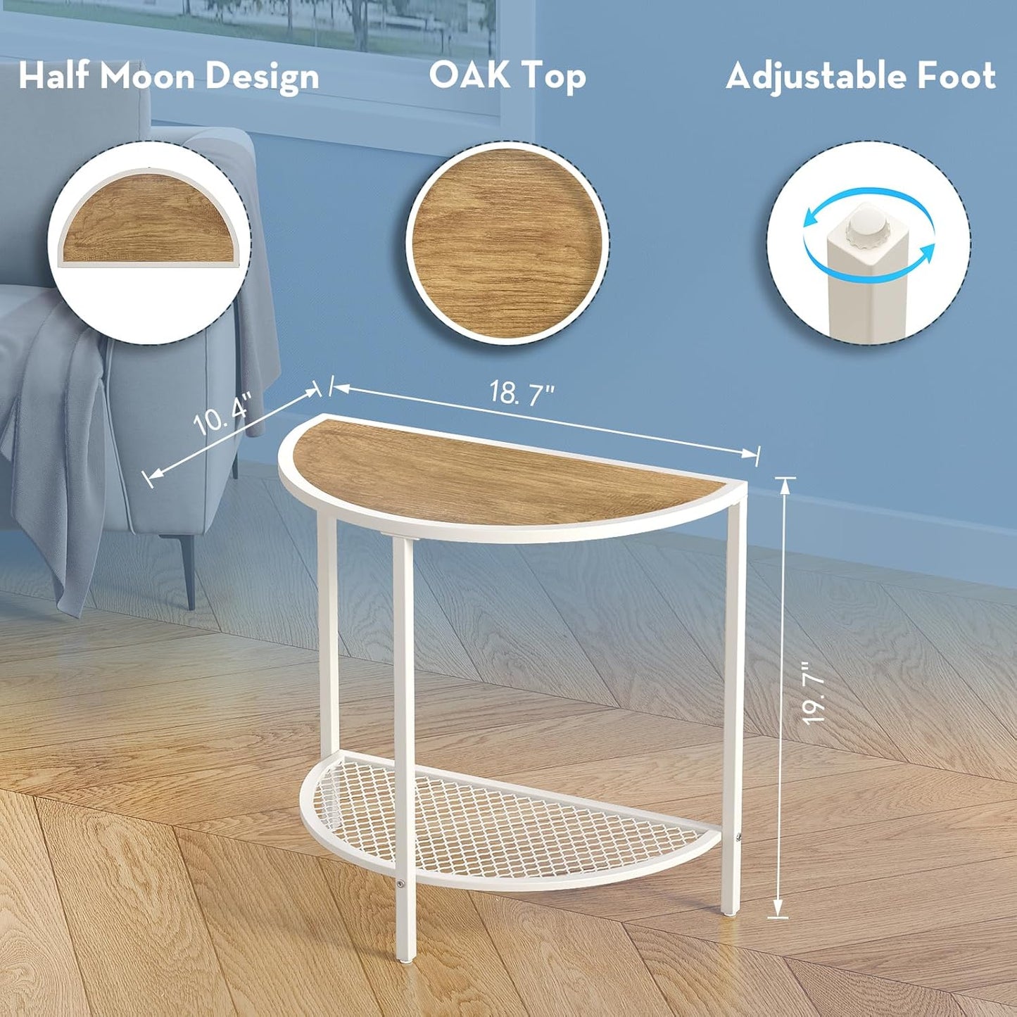 19.7'' 2 18.7"*10.4" SAYGOER Small End Table Half Moon Side Table for Living Bed Room Tier Bed Night Stand Sofa Couch