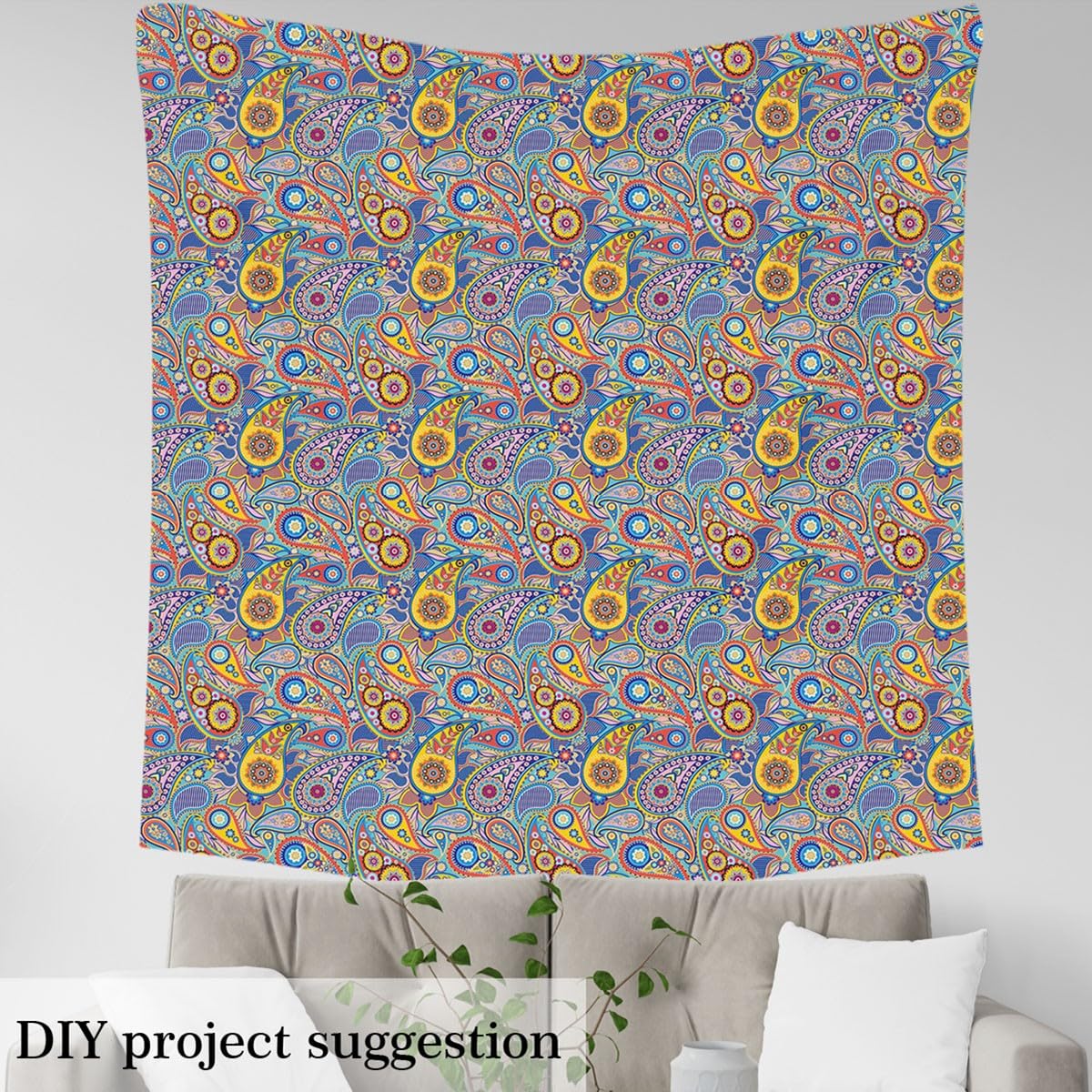Boho Paisley Fabric by The Yard,Indian Style Flowers Decorative Soft Flannel Polyester No Stretch Fabric,Botanical Exotic DIY Craft,Yellow Blue Sewing Supplies,1 Yard,36" L x 59" W