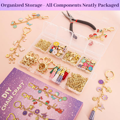 Koruhi 418pcs Charms Lip Gloss Keychain Making Kit,Cute Gold DIY Keychain Supplies Including Organizer Box,Pliers, Tassels, Enamel Letter Charms,Complete Key Chain Kits for DIY Craft Gifts(418, Gold)