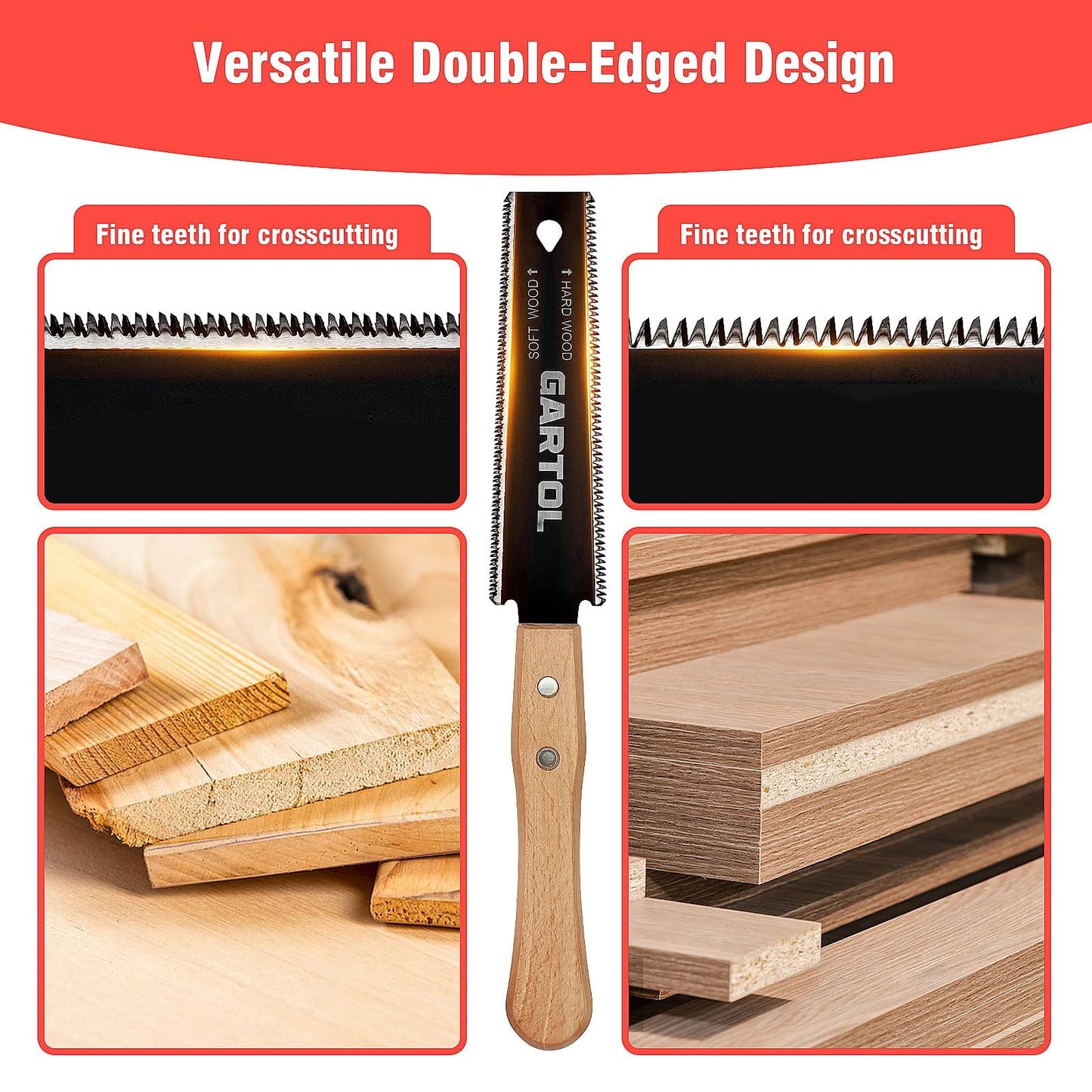 GARTOL Hand Saw for Wood Cutting, 2-Piece Japanese Pull Saw with 6-Inch Flush Cut & Double-Edged SK5 Flexible Blade & Wooden Handle, Precision Woodworking Tools for DIY, Crafting, Carpentry, Trim Work