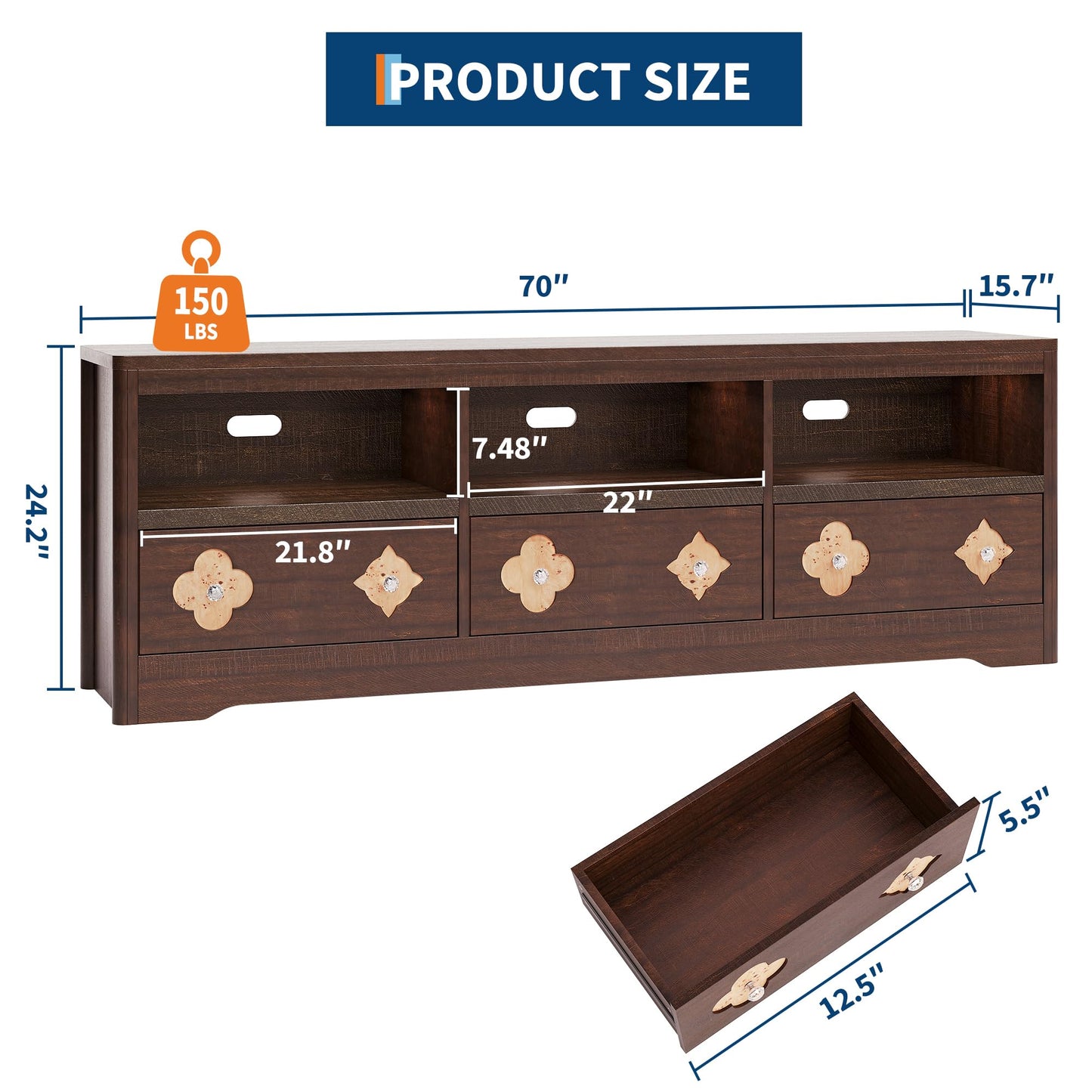 GAOMON Farmhouse 70 Inch TV Stand for TVs Up to 85", Mid Century Modern Entertainment Center with Storage Carved Drawer and Open Shelves, TV Console for Living Room (Brown)